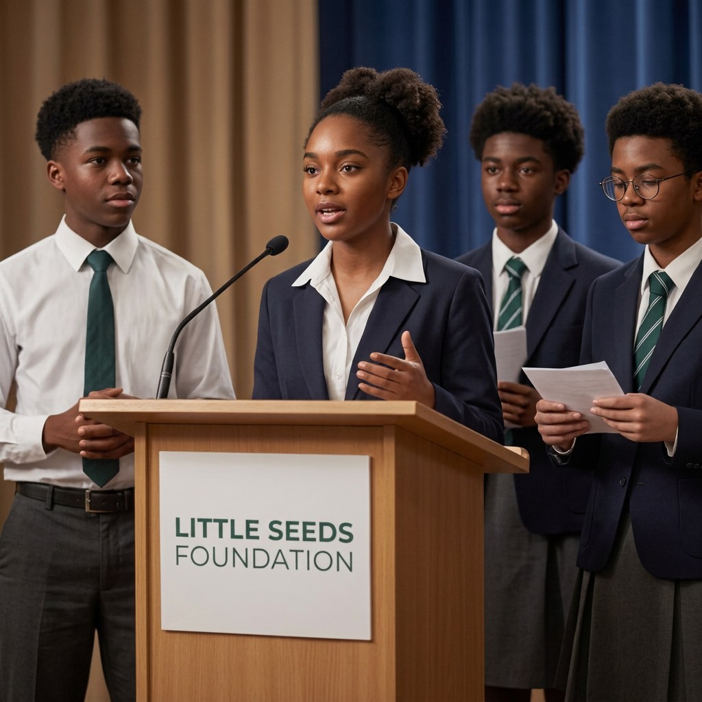 Students presenting at a debate podium