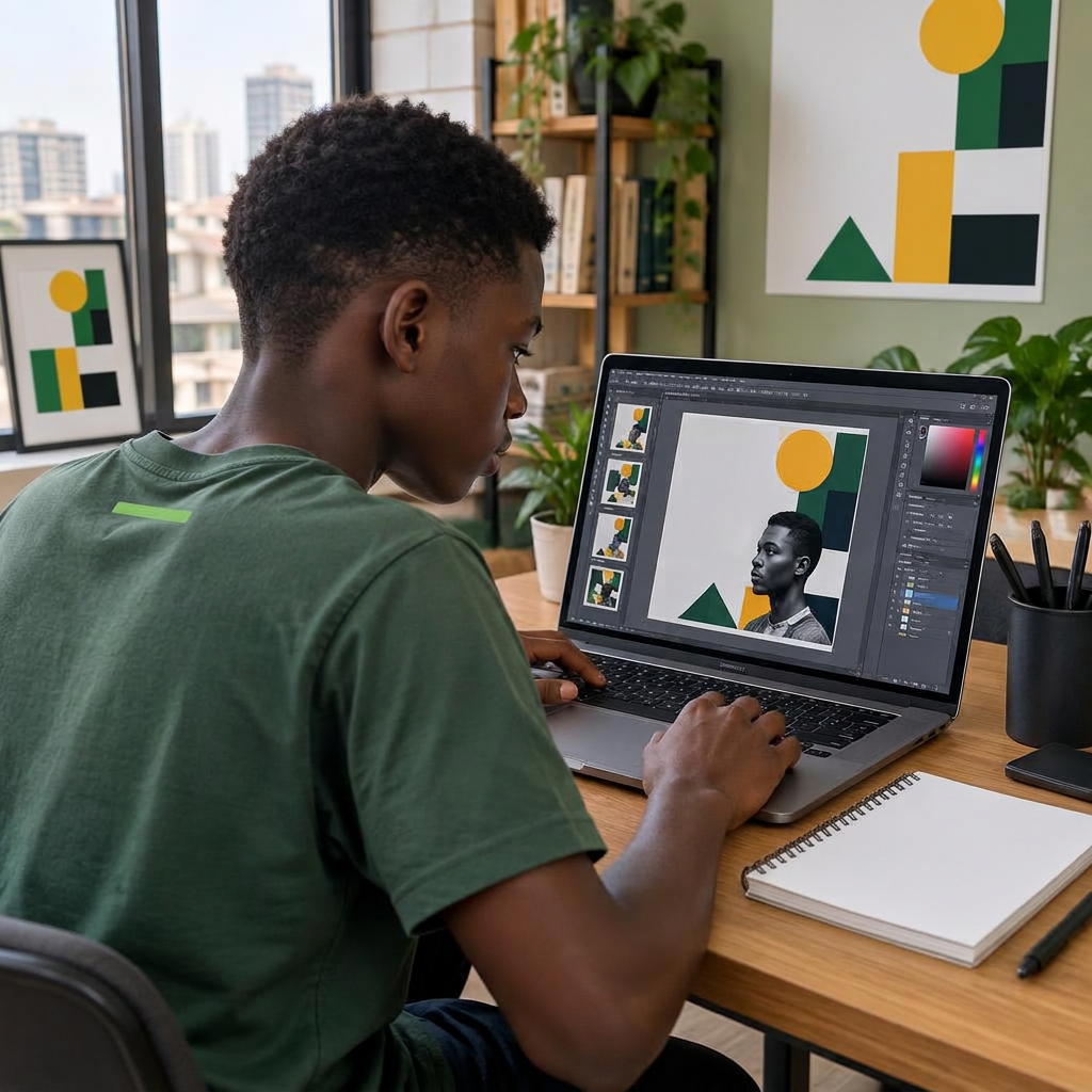 A Nigerian teenager learning graphic design on a laptop with the design visible on screen