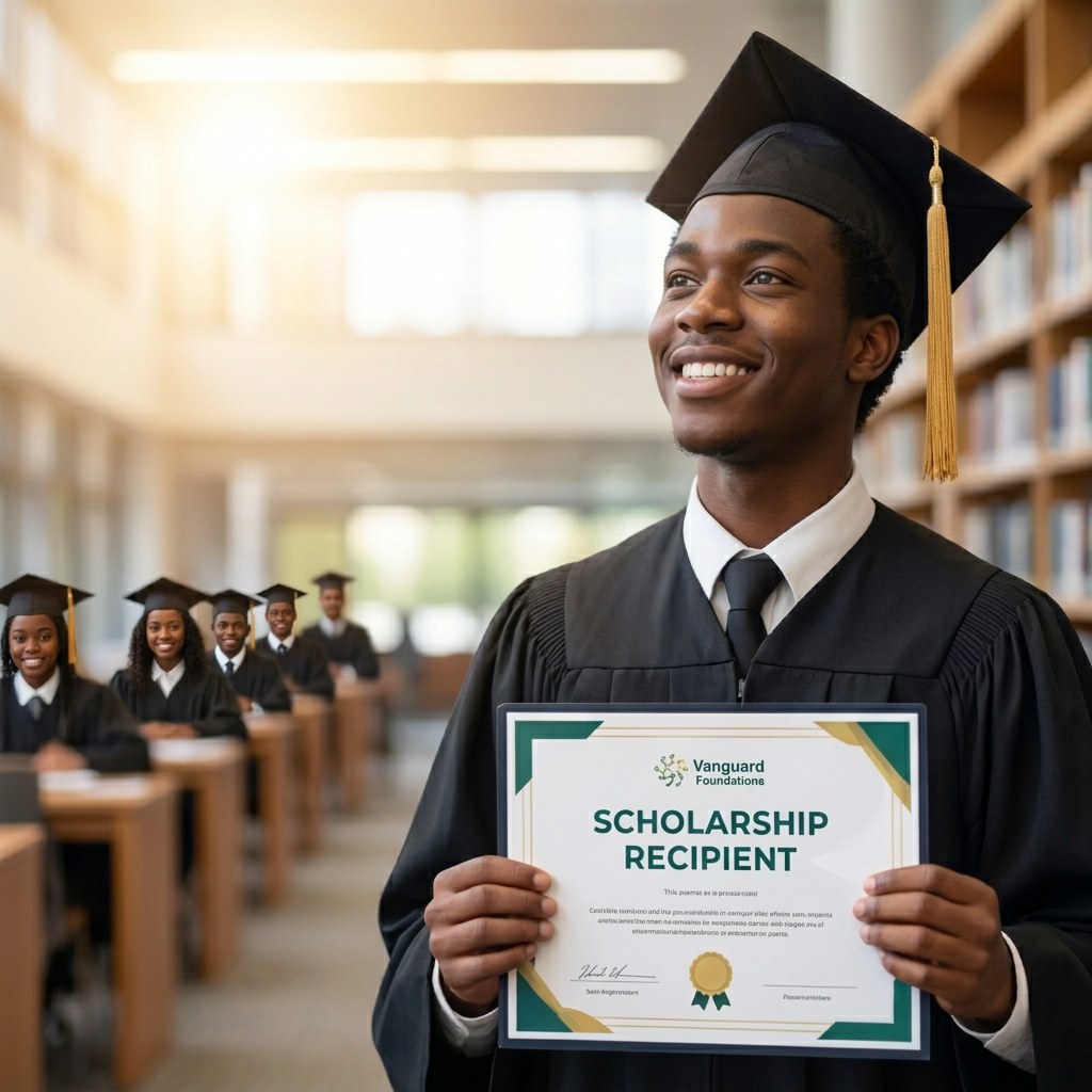 A graduate holding a scholarship certificate